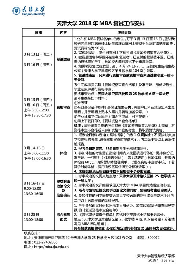 天津大學(xué)2018年工商管理碩士（MBA）復(fù)試辦法